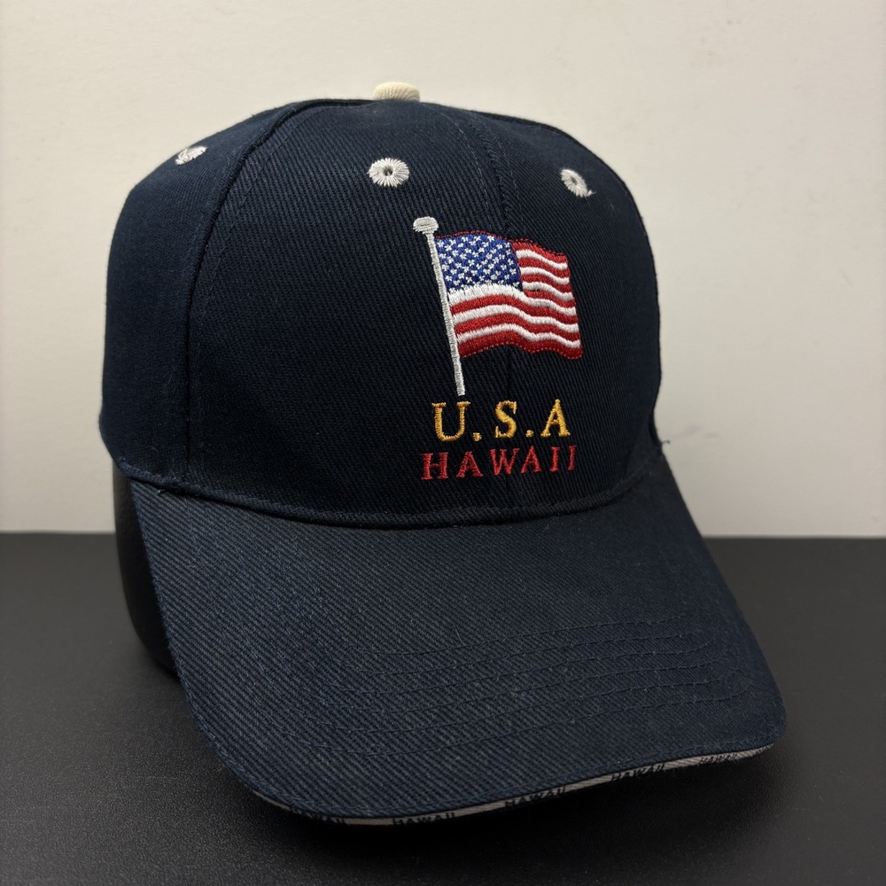 Vintage Y2K USA Hawaii American Flag Navy Blue Strapback Hat Travel Adjustable